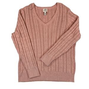 St. John's Bay Cable Knit V Neck Sweater Women's 2X XXL Pink with Gold Threads